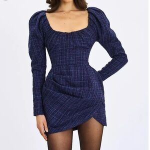 Denise Navy Tweed Ruched Puff Sleeve Mini Dress